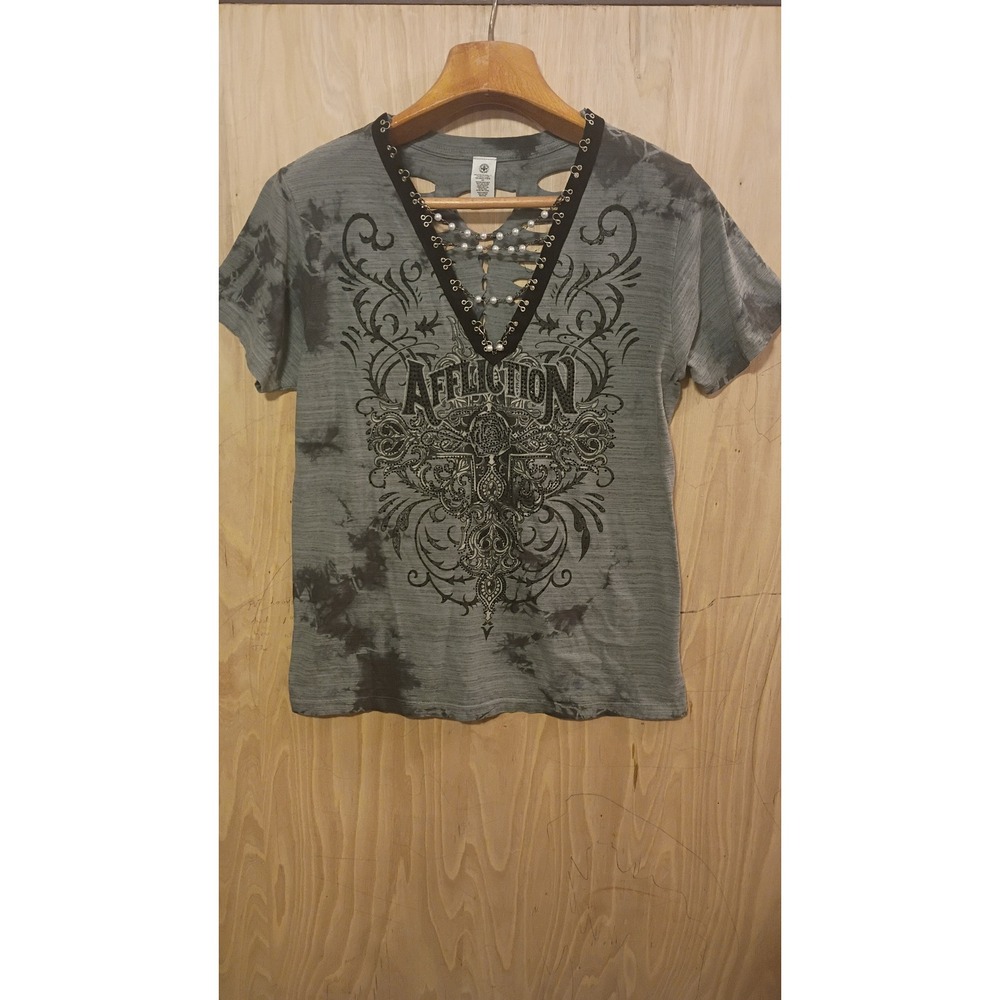 Affliction Live Fast Gray Acid Wash Graphic Tee Pearl Detail XL NWT. BikerCore.